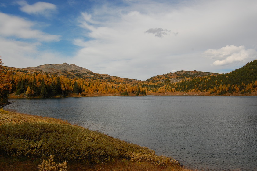 A still lake reflects the overcast sky, with trees lining the shore.